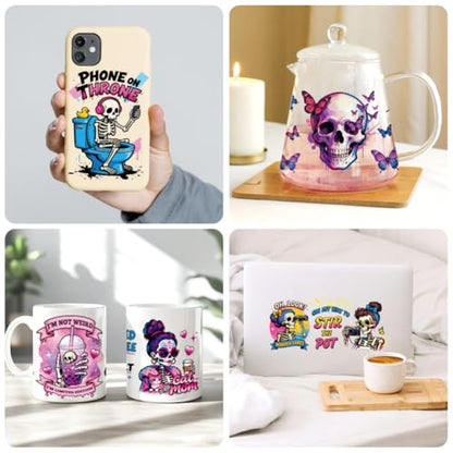 UV DTF Cup Wraps Transfer Stickers Humorous Skull Pattern, 10 Sheets Waterproof Custom Vinyl Transfer Sticker 16oz Coffee Glass Cup Tumbler Bottle Mug Decals for Men Women - style: Humorous Skull