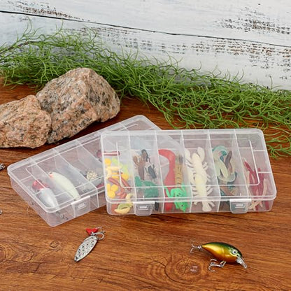 JUXYES 2Pack Plastic Small Fishing Tackle Box Organizer with 6 Compartments, Clear Mini Fishing Tackle Storage Boxes with Dividers, Transparent Fish Pocket Tackle Storage Box Lure Box