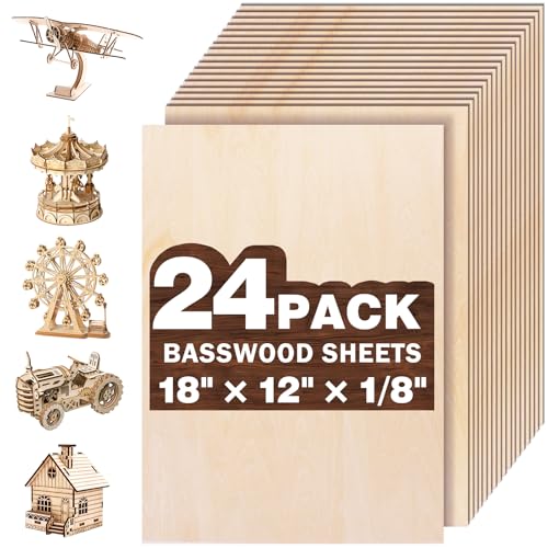 24 Pack Basswood Sheets for Crafts,18"x12"x1/8" 3mm Thick Plywood Sheets with Smooth Surfaces-Unfinished Squares Wood Boards for Laser Cutting, Wood Burning, Architectural Models, Staining - size: 24 Pack -18X12X1/8 Inch