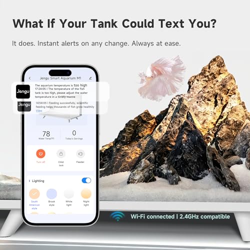 M1 5 Gallon Aquarium Starter Kit, App Control Smart Fish Tank with Filter, Auto Feeder, Quiet Pump, Timer Light, Temp Display, Crystal-Clear Glass Desktop Betta Tank for Guppy Shrimp, White