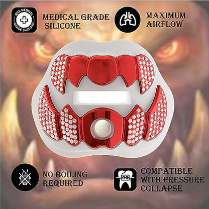 LeCool Football Mouth Guard with Connected Strap- 3D Beast Chrome Adult and Youth Mouth Guard-Mouth Piece for Sports for Maximum Air Flow and Teeth Protection - color: White-red