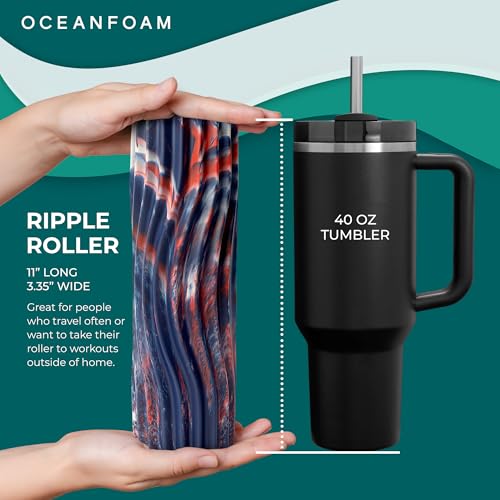 Oceanfoam Ripple Travel Foam Roller (11" x 3.35") Firm Mini Foam Roller for Physical Therapy, Deep Tissue Massage, Back Pain - High Density, Wave Textured - Yoga (Red, Dark Navy & Natural Marbled) - color: Red, Dark Navy & Natural Marbled