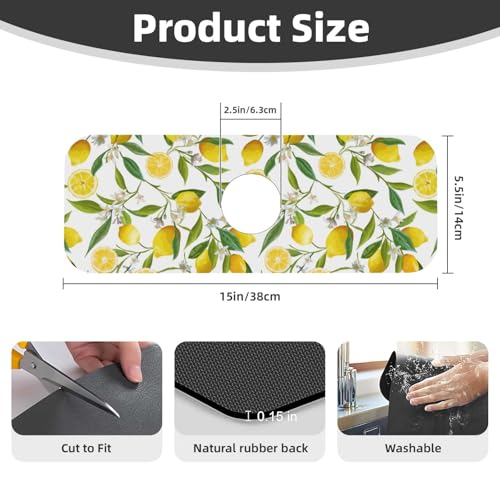 Yellow Lemon Teal Kitchen Sink Splash Guard Faucet Mat 1 Pcs, Absorbent Fast Drying Mat Gadgets Splash Guard For Bathroom 15 X 5.5 Inches