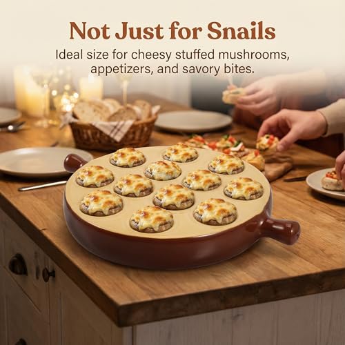 Hemoton Ceramic Escargot Baking Dish, 12 Holes Snail Plate with Handles, Round Mushroom Server for Oven to Table, Scallop Shrimp Appetizer Tray, Kitchen Cooking Pan for Home, Restaurant, 6.75 Inch