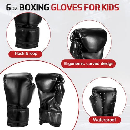 Arrowbash Boxing Gloves and Punching Mitts Set for Kids 6oz Black Gloves Curved Punch Mitts Pad Sparring Training Equipment for Martial Arts Muay Kickboxing Taekwondo Karate BJJ