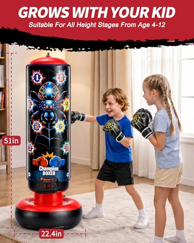Punching Bag for Kids with Stand, LED Scoring Boxing Set with Gloves, Freestanding Electronic Boxing Machine with 4 Game Modes & Music for Boys Girls Ages 3-12