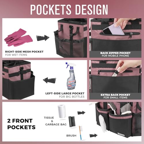 Compact Wearable Cleaning Caddy, Small Cleaning Caddy Supplies Organizer with Handle & Shoulder Straps for Housekeepers, Under Sink & Car Cleaning Tool Organizers Bag (LotusPink) - color: LotusPink