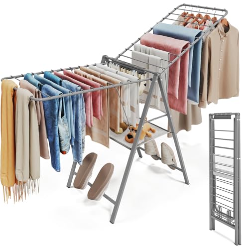 APEXCHASER Ultra Thin Drying Rack for Clothing, Foldable Clothes Drying Rack with Enhanced Capacity, Convenient and Space-Saving Laundry Rack with Adjustable Wings - color: Grey-1