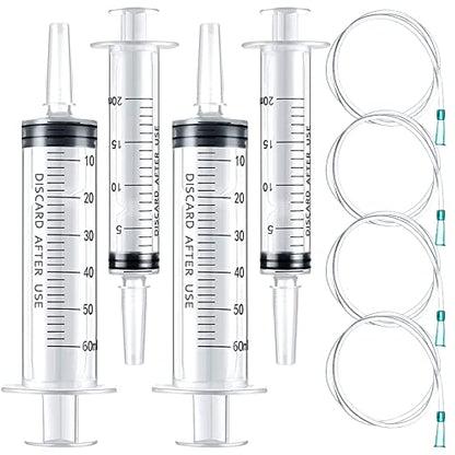 8Pcs Plastic Syringe Set 60ml 20ml Industrial Plastic Syringe with Handy Tubing 30cm(12in) for Refilling Fluids, Feeding Pets, Drawing Oil, Measuring, Watering, Multiple Uses, 20mlx2 + 60mlx2+ Hosex4