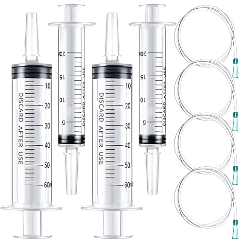 8Pcs Plastic Syringe Set 60ml 20ml Industrial Plastic Syringe with Handy Tubing 30cm(12in) for Refilling Fluids, Feeding Pets, Drawing Oil, Measuring, Watering, Multiple Uses, 20mlx2 + 60mlx2+ Hosex4