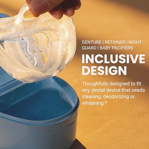 Denture Bath Case for Retainers, Phthalate-Free, No-Spill Strainer by M3 | 1 Case & Strainer for Invisalign Retainers, Baby Pacifiers, Mouth, Night & Snore Guards, Portable Soaking & Easy Rinsing - size: 1 Count (Pack of 1)