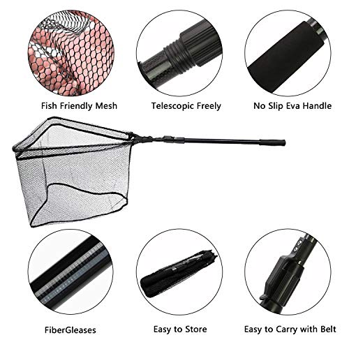 SAN LIKE Fishing Net Fish Landing Net Collapsible Fish Net with Anti-Slip Telescoping Rubber Pole Handle for Kids Adults in Saltwater Freshwater Multi-Size Extending to 37/42/43/51/69/71/89/98inch - color: Fiberglass pole,length 53.14" to 98.42"