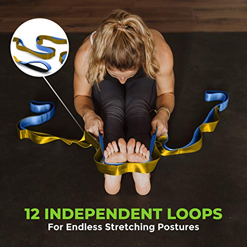 Stretching Strap for Physical Therapy, 12 Multi-Loop Stretch Strap 1.5" W x 8' L, Neoprene Handles, Physical Therapy Equipment, Yoga Straps for Stretching, Leg Stretcher. - color: Blue/Gold