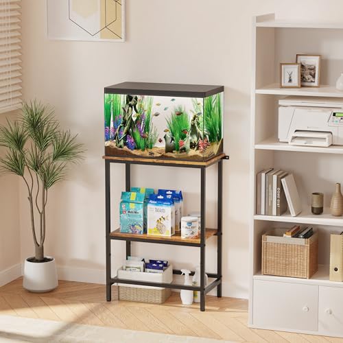 5-10 Gallon Fish Tank Stand, Aquarium Stand with 2-Tier Storage Shelves, Heavy-Duty Reptile Terrarium Stand Table with One-Piece Top for 10 Gallon Standard Model, 21.2" L x 11.8" W x 29.3" H (Brown)