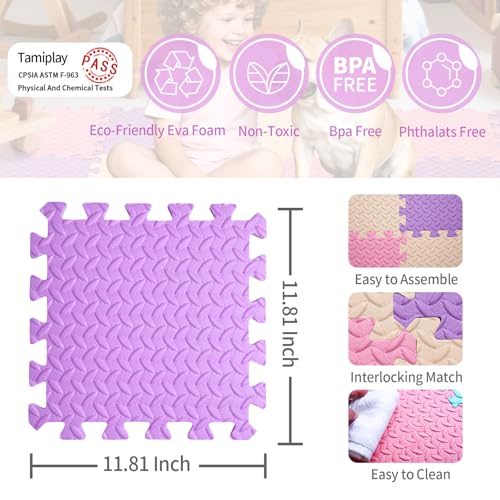 Foam Play Mat, EVA Non-Toxic Interlocking Floor Mats | Tamiplay, ASTM & CPSIA Passed, 11.8 x 11.8″, 0.4″ thick, Non-slip & Waterproof, Easy to clean, Easy Assemble - color: Pink/Beige/Purple, size: 36 Pcs/70.8*70.8