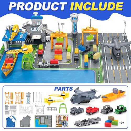 Cargo Ship Toy & Airplane Toy, Toy Boat and Gantry Crane Playset with Play Mat, Transport Containers, Push and Go Vehicle Cars, Kids Play Boats for Boys Girls