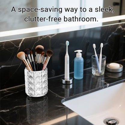 Makeup Brush Holder with Silver Crystal Bling – Elegant Vanity Organizer for Brushes, Pens & Pencils, Ideal for Bathroom or Office Countertop(1Pack)