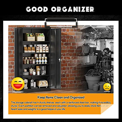 Storage Cabinet, 72” Black Garage Steel Locking Cabinet with Doors and 4 Adjustable Shelves, Tall Lockable File &Tool Cabinet for Home Office, Metal Classroom Cabinet Basement