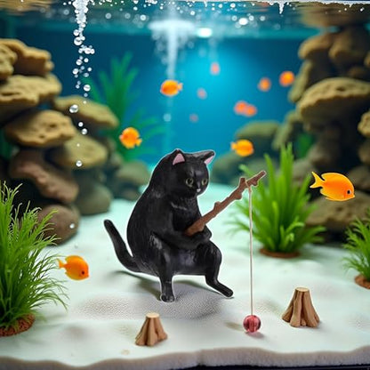 BWESOO Black Fish Tank Landscaping Cartoon Fishing Cat Ornaments Aquarium Accessories Household Supplies Home Office Decorations Fishing Cat Figurine Aquarium Décor Thematic Ornaments