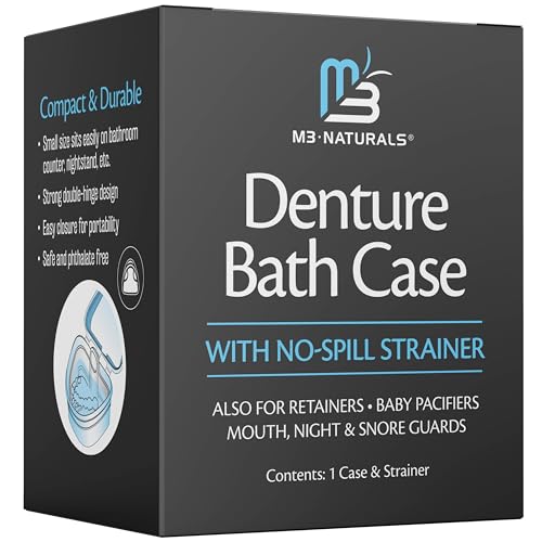 Denture Bath Case for Retainers, Phthalate-Free, No-Spill Strainer by M3 | 1 Case & Strainer for Invisalign Retainers, Baby Pacifiers, Mouth, Night & Snore Guards, Portable Soaking & Easy Rinsing - size: 1 Count (Pack of 1)