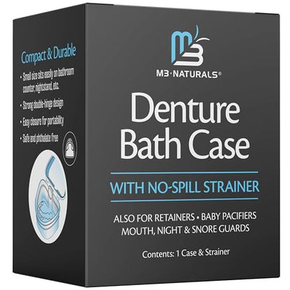 Denture Bath Case for Retainers, Phthalate-Free, No-Spill Strainer by M3 | 1 Case & Strainer for Invisalign Retainers, Baby Pacifiers, Mouth, Night & Snore Guards, Portable Soaking & Easy Rinsing - size: 1 Count (Pack of 1)