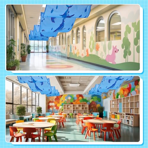 Under The Ocean Decorations Shark Whale Ceiling Decor Sea Animal Hanging Blue Fish Banner Covers with Tape 32 Inch x 16 ft for Summer Pool Baby Shower Birthday Party Classroom Wall Daycare - style: Shark