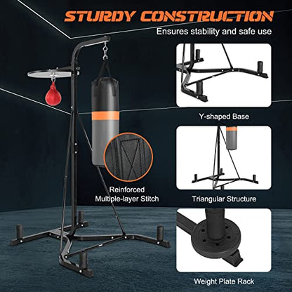 2-in-1 Punching Bag Stand for Adults, Heavy Bag Stand with Height Adjustable Speed Bag, Weighted Base Hold Up to 220 LBS, Freestanding Boxing Equipment for Home Gym Fitness MMA Training