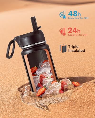 Coolflask 24 oz Insulated Water Bottle with Straw & 3 Leakproof Lids - color: Piano Night, size: 24 Ounces