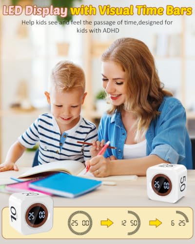 Digital Pomodoro Timer Cube 5/10/25/50min Preset, Silent & Sound Alarm - color: White