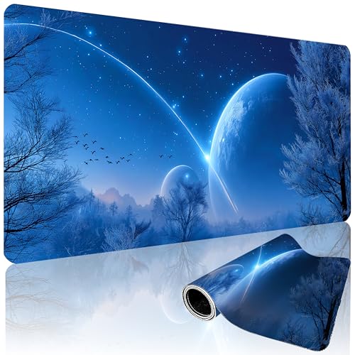XXL Gaming Mouse Pad 35.4 x 15.7 Inch, Large Desk Mousepad with Blue Meteor Design, Water-Resistant, Stitched Edges, Non-Slip Rubber Base Desk Mat - color: Blue Meteor