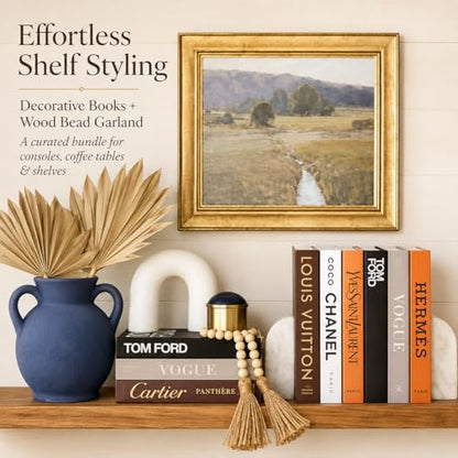 Modern Farmhouse Coffee Table Decor Set | 4 Faux Decorative Books + 58" Wood Bead Garland with Tassels | Styling Bundle for Living Room, Shelf, Tray, Housewarming Gift