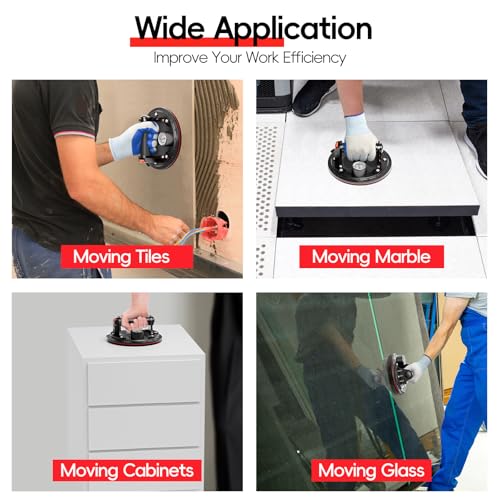 SPECILITE 8" Heavy Duty Glass Suction Cups 2 Pack with Pressure Gauge for Lifting Large Tile, Marble, Windows, 880 lbs Load Capacity, Industrial Vacuum Lifter with Handle, Carrying Case, Gloves, Black