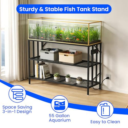 55-75 Gallon Aquarium Stand, 1000LBS Capacity Fish Tank Stand with 3-Tier Shelves & Integrated Power Strip, Heavy Duty Metal Frame for Fish Tanks and Reptile Terrariums