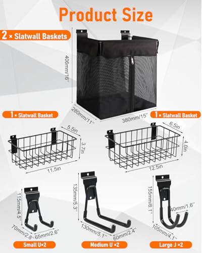 ZORUNNA 10Pcs Slatwall Basket, 16x15x11 Mesh Slat Wall Basket with Zipper | 6 Pcs Heavy Duty Hook Slatwall Accessories, Easy to Install Garage Shop Gym Toy Display Storage - size: 16x15x11'+ 2*Metal Basket