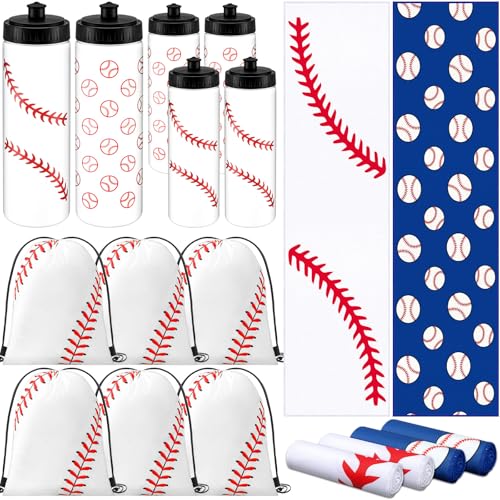 FuWeave 18 Pcs Baseball Party Favors Baseball Water Bottle Baseballs Cooling Towel Include 6 Water Bottle 6 Ice Towel 6 Drawstring Bag for Baseballs Party Favor Players Lovers Team Gifts Gym