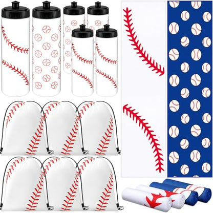 FuWeave 18 Pcs Baseball Party Favors Baseball Water Bottle Baseballs Cooling Towel Include 6 Water Bottle 6 Ice Towel 6 Drawstring Bag for Baseballs Party Favor Players Lovers Team Gifts Gym