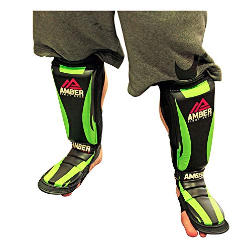 Ultimate Shield Muay Thai Shin & Instep Guards, 100% Hi-Tec Skintex Leather, High-Density Foam Padding, Three-Foot Straps, Rubber Traction Dots, Ideal for Kickboxing Training
