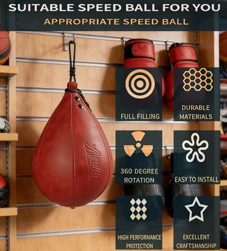 Speed Bag for Boxing & MMA,Leather Reflex Training Pear Shaped Punching Bag - color: Red