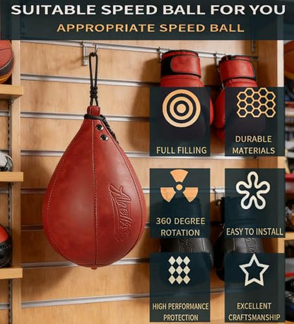 Speed Bag for Boxing & MMA,Leather Reflex Training Pear Shaped Punching Bag - color: Red