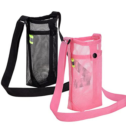 Tainehs Water Bottle Holder Carrier with Adjustable Shoulder Strap - Beach & Sports Bottle Bag for Hiking, Gym, Camping, Walking, Travel - color: Black/Pink