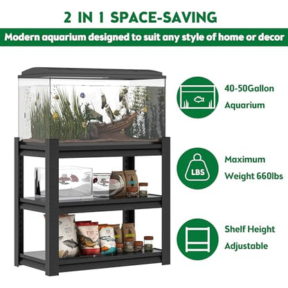 40-50 Gallon Aquarium Stand - Heavy Duty Metal Fish Tank Stand with 3-Tier Adjustable Storage Shelf, 660 lbs Capacity (Black, 31.5" L x 18" W x 34" H)