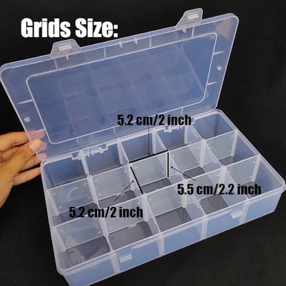 2 Pcs Large 15 Grids Plastic Organizer Box Clear Storage Container with Adjustable Dividers for Beads, Washi Tapes, Art DIY Crafts, Jewelry, Fishing Tackle, Component and Small Parts