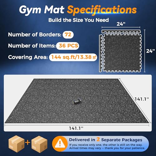 SUPERJARE 1" Extra-Thick Rubber Top Exercise Mat, Gym Flooring for Home Gym | Puzzle Gym Mat for Workout Equipment, Interlocking Floor Tiles with EVA Foam, 36 Pcs 144 Sq Ft, Black/Grey - size: 36 Tiles (144 Sq Ft)