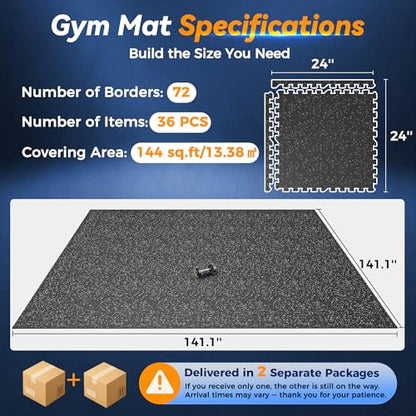 SUPERJARE 1" Extra-Thick Rubber Top Exercise Mat, Gym Flooring for Home Gym | Puzzle Gym Mat for Workout Equipment, Interlocking Floor Tiles with EVA Foam, 36 Pcs 144 Sq Ft, Black/Grey - size: 36 Tiles (144 Sq Ft)
