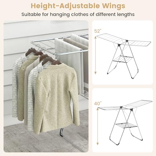 Tangkula 2-Level Collapsible Clothes Drying Rack w/Height-Adjustable Wings | Light-Weight Aluminum | Bottom Shoe Rack | No Assembly | Foldable & Space-Saving| for Laundry Room, Balcony, Patio | Silver