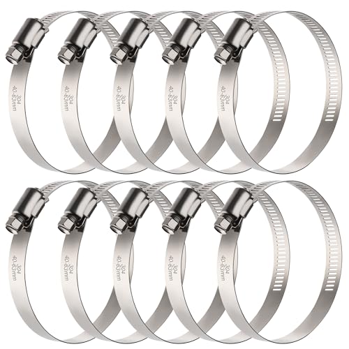 10PCS Hose Clamps Stainless Steel Adjustable 1-9/16"-2-1/2"(40-63mm) Worm Gear Hose Clamp, Heavy Duty Metal Small Hose Clamps for Automotive, Pipe, Radiator Plumbing, Fuel Line - size: 1-9/16"-2-1/2"(40-63mm)