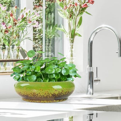 ARTKETTY Lotus Bowl Planter - 7.3 Inch Large Lotus Flower Bowl for Water Plants, Ceramic Hydroponic Planter Water Lily Bowl for Planting Aquatic and Indoor Succulent Plants and Bonsai - color: Green