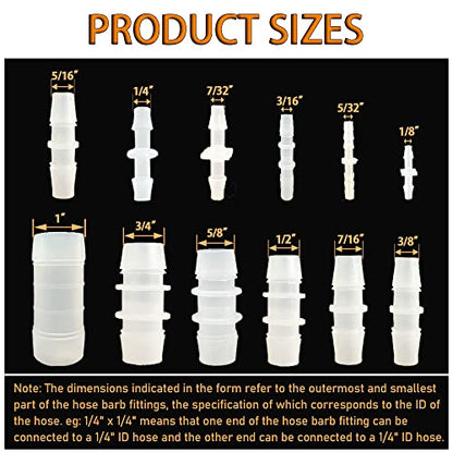 80Pcs Hose Barb Fitting, Pipe Connector Joint Splicer Mender Adapter Union for Aquarium Adapter Gas Liquid Air, for Hose ID 5/32",7/32",3/16",5/16",7/16",1/8",3/8",5/8",1/4", 3/4", 1/2",1" (12 sizes)