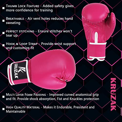 Kruzak Plain Boxing Gloves for Sparring, Kickboxing, Muay Thai, Martial Arts & MMA Fighting - Men & Women Punch Bag Mitts Training and Focus Pads Punching - color: Pink, size: 16 oz