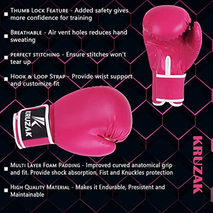 Kruzak Plain Boxing Gloves for Sparring, Kickboxing, Muay Thai, Martial Arts & MMA Fighting - Men & Women Punch Bag Mitts Training and Focus Pads Punching - color: Pink, size: 8 oz